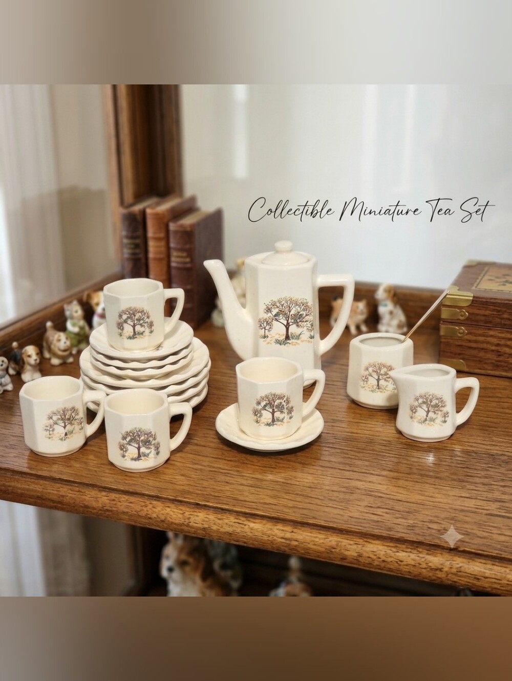 Vintage Miniature Porcelain Tea Set 16 Pc Tree Motif Cream Gold Spoon Curio